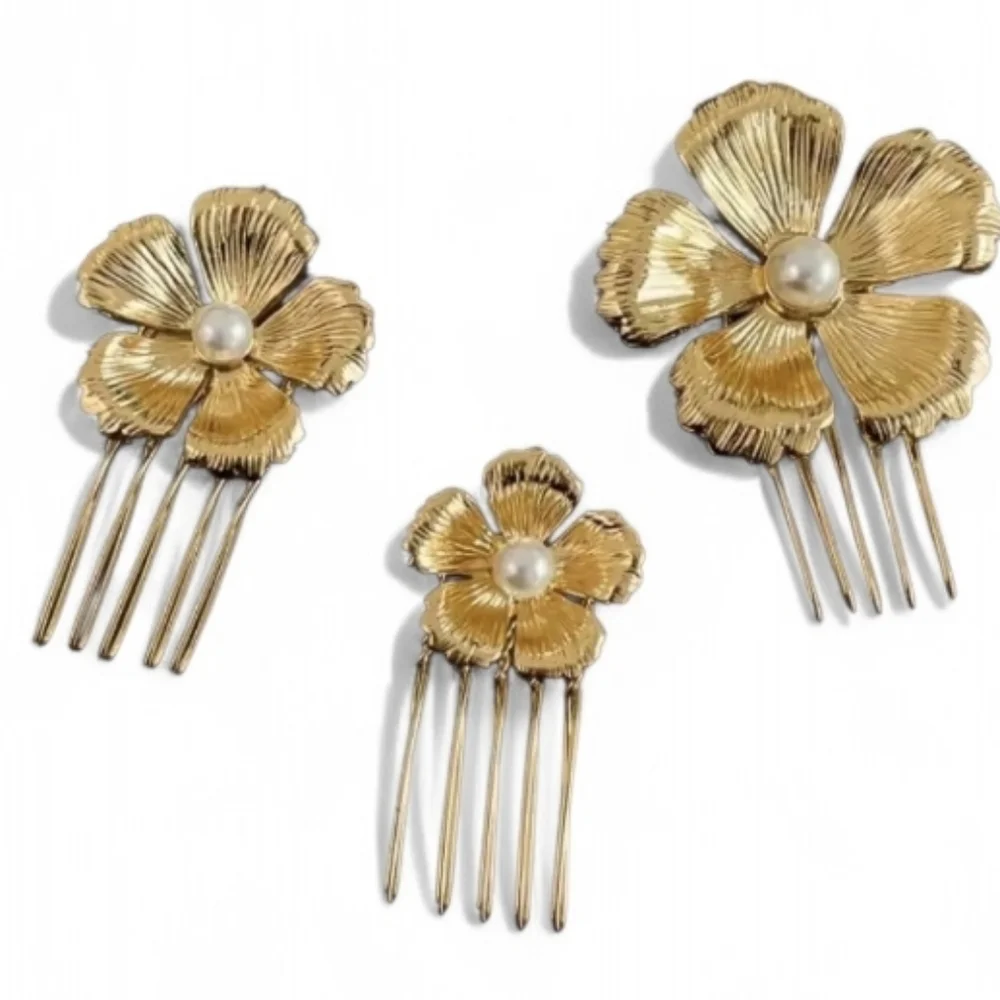 New! Gold Floral Pearl Hair Combs Set of 3 Flower | NWOT